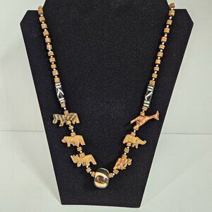 Handmade African Style Wild Animal Wood Beaded Single Loop Necklace 26"